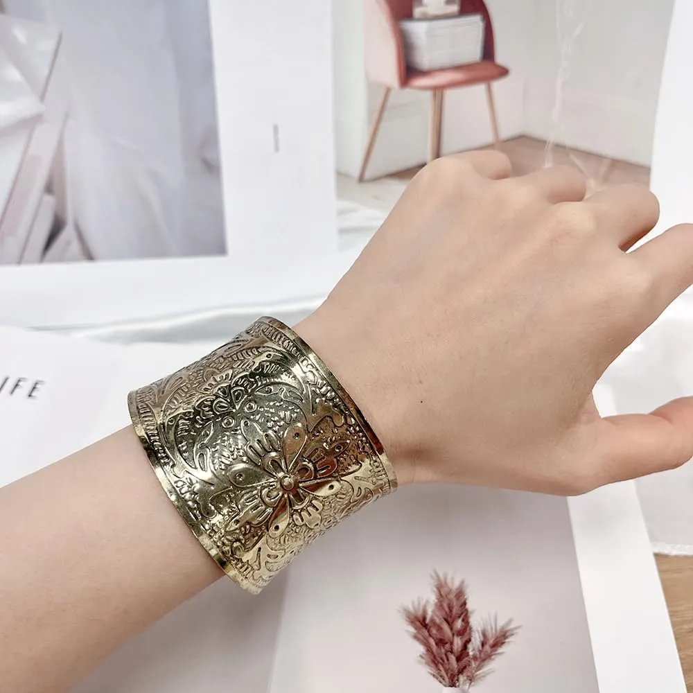 OIDIMS Bohemian Flower Cuff Bracelet for Women Vintage Gypsy Wide Bangle Open Wrap Wrist Jewelry Exaggerated Statement Arm Cuff Boho Punk Jewelry for Best Friend