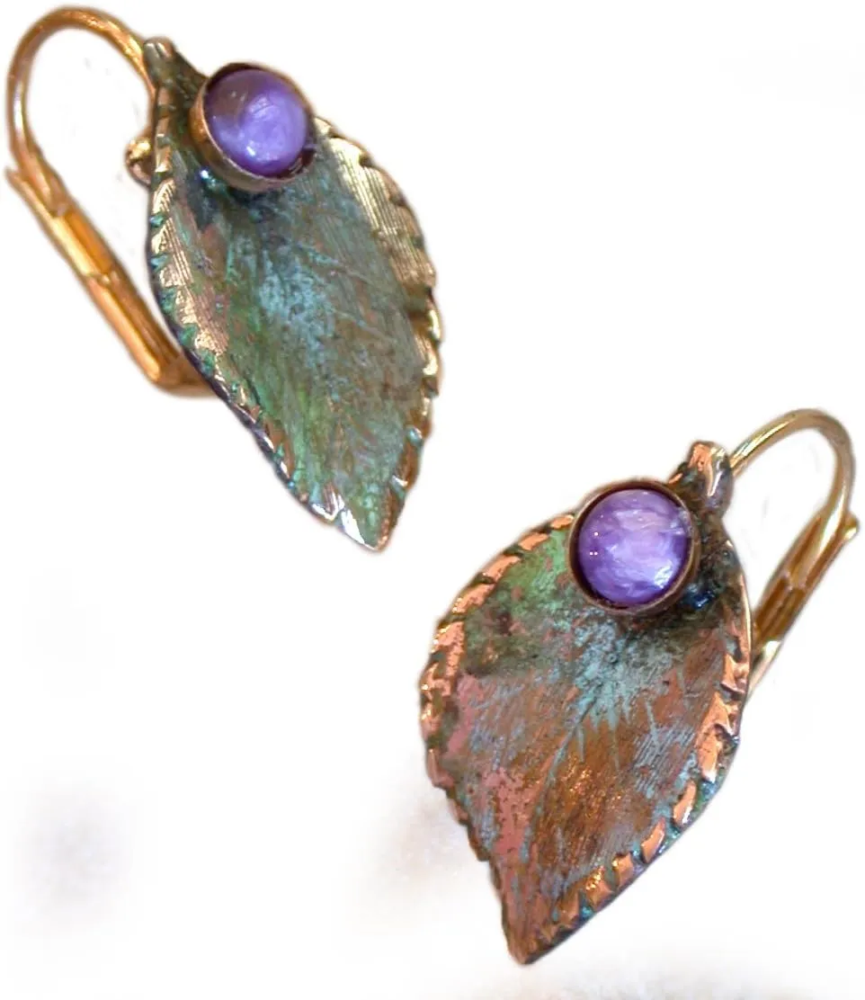 Olive Patina Brass Sculptural Leaf Earrings - Charoite - USA Made