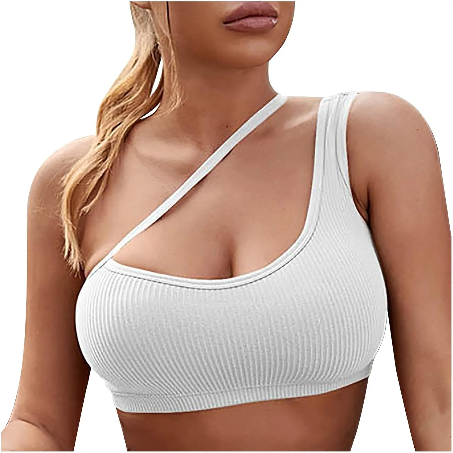 One Shoulder Sports Bra Fixed Cup Seamless Supportive Sports Bras for Women Sexy Low Cup Exercise Athletic Underwear