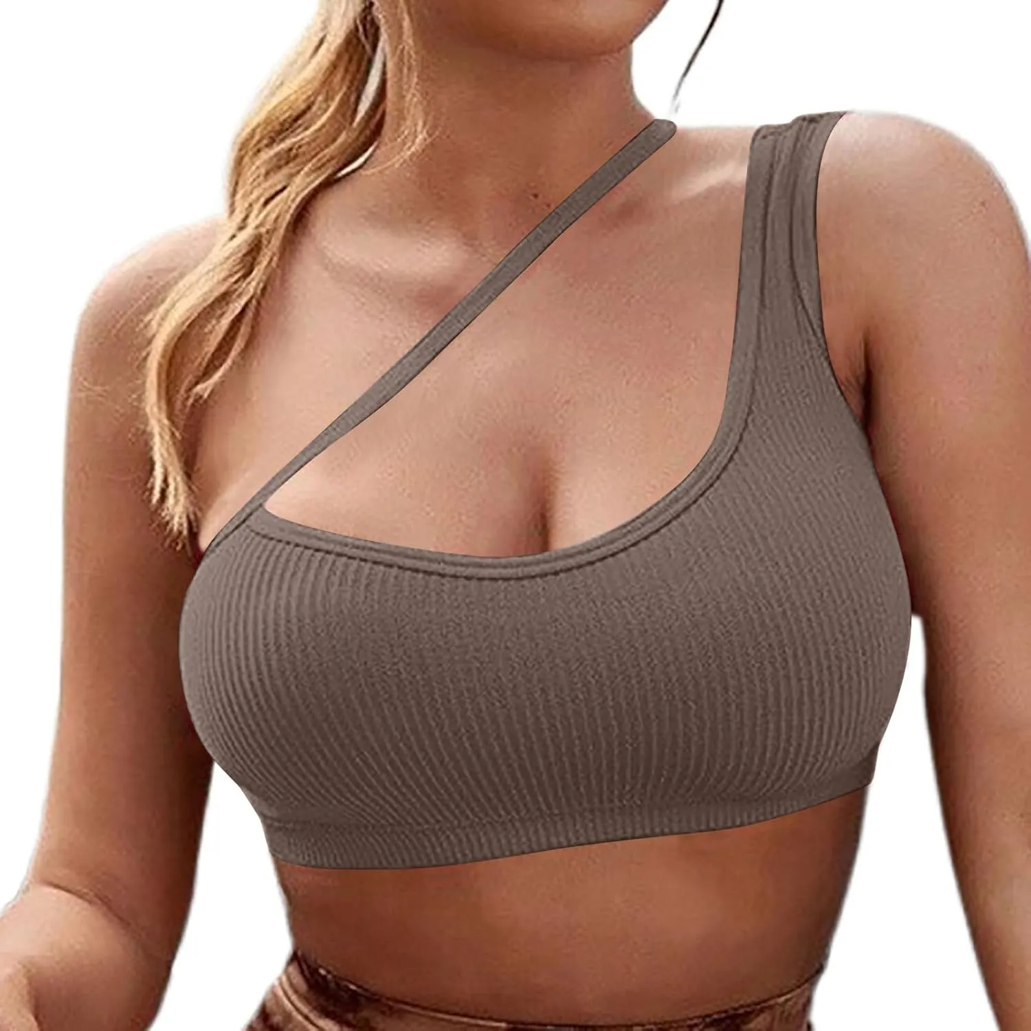 One Shoulder Sports Bra Fixed Cup Seamless Supportive Sports Bras for Women Sexy Low Cup Exercise Athletic Underwear