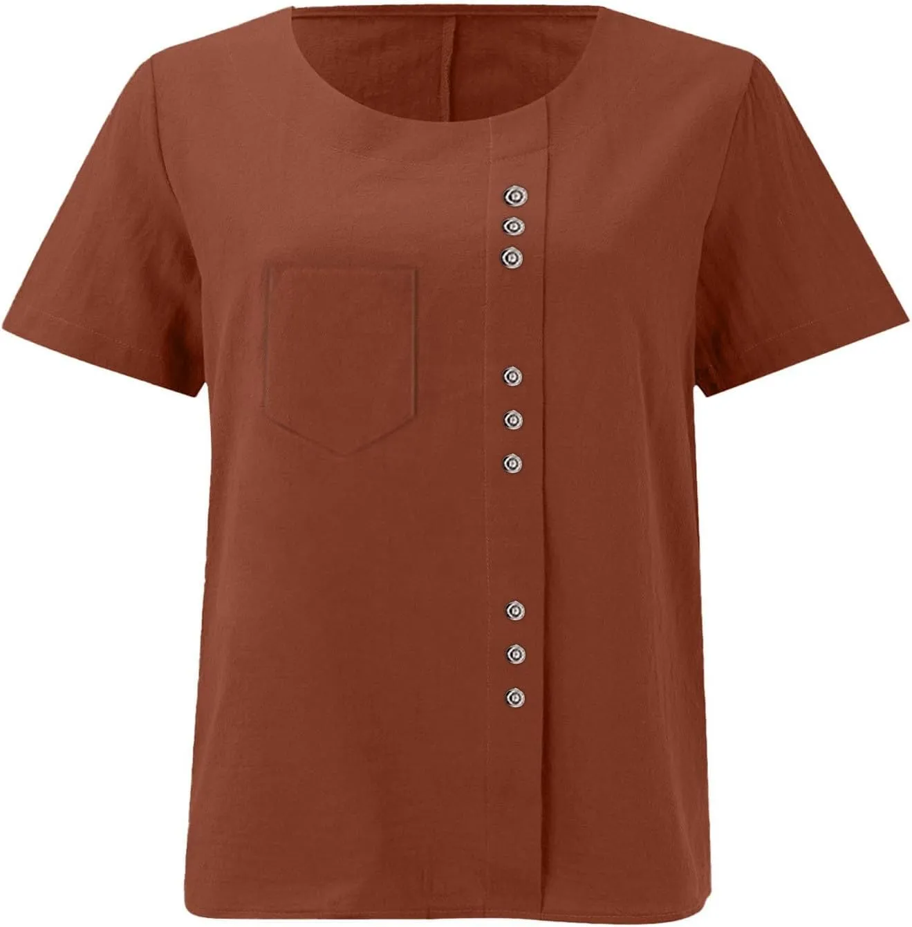 Oversized Crew Neck Linen Tops for Women Short Sleeve Cotton Linen Tee Shirts Workout Buttons Tshirt with Pocket