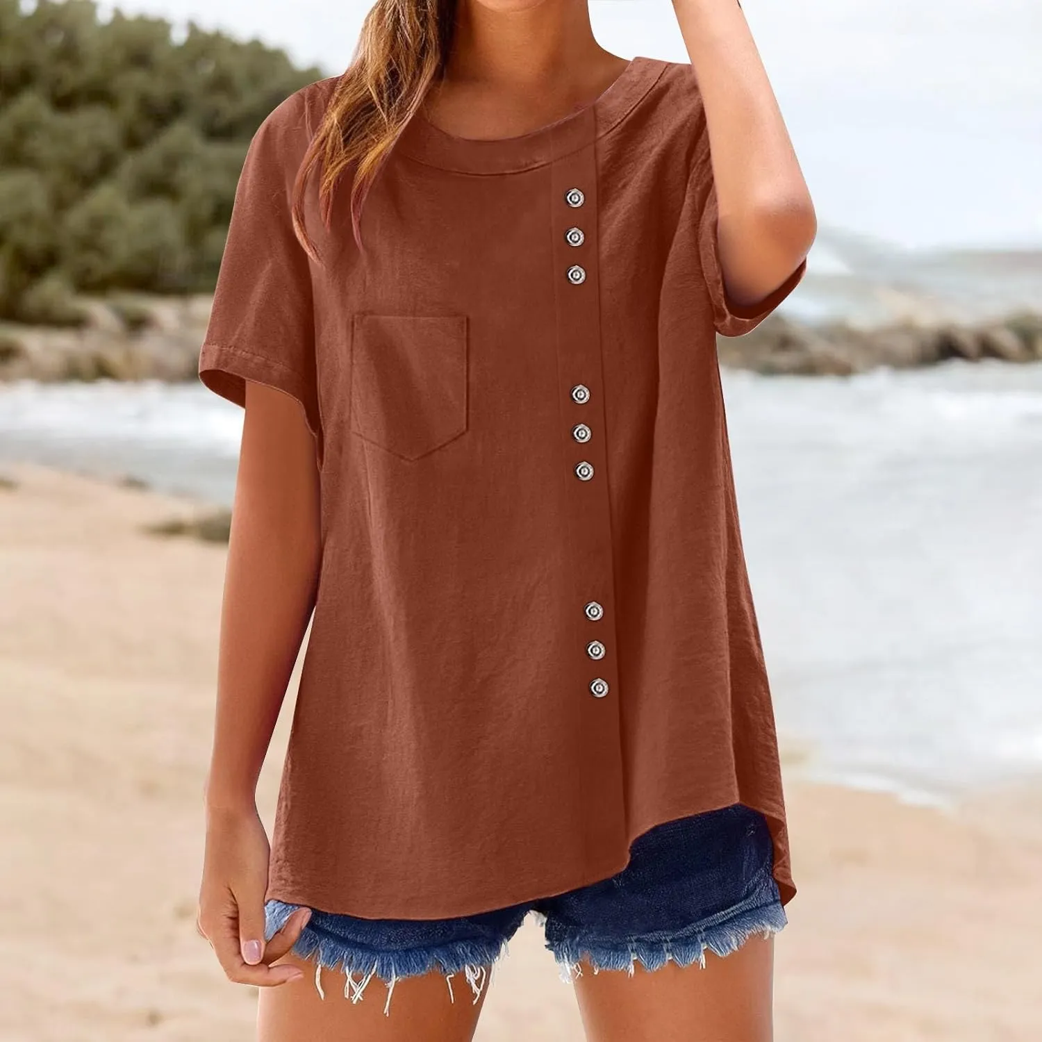 Oversized Crew Neck Linen Tops for Women Short Sleeve Cotton Linen Tee Shirts Workout Buttons Tshirt with Pocket