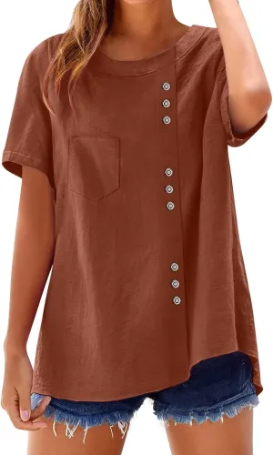 Oversized Crew Neck Linen Tops for Women Short Sleeve Cotton Linen Tee Shirts Workout Buttons Tshirt with Pocket