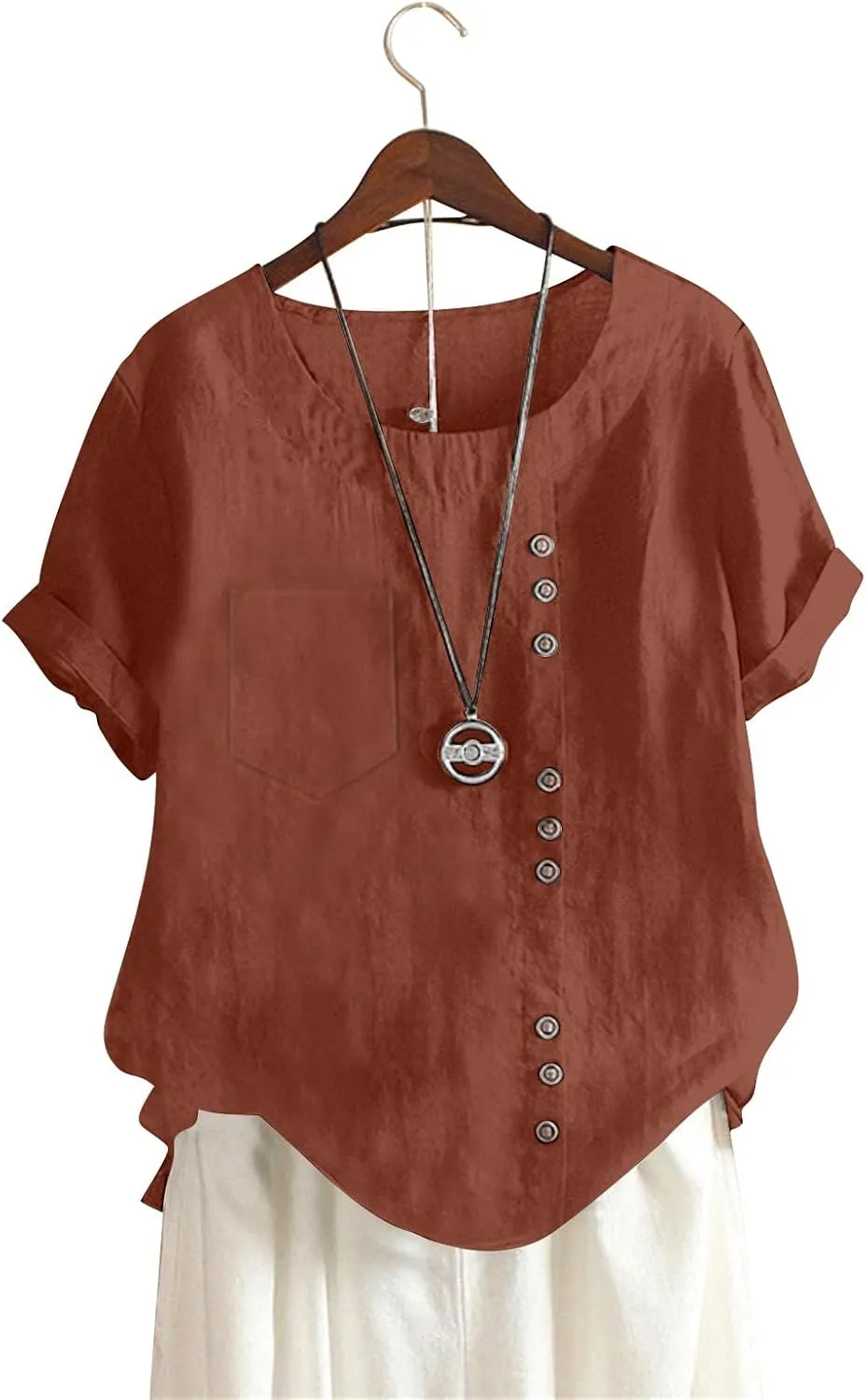 Oversized Crew Neck Linen Tops for Women Short Sleeve Cotton Linen Tee Shirts Workout Buttons Tshirt with Pocket