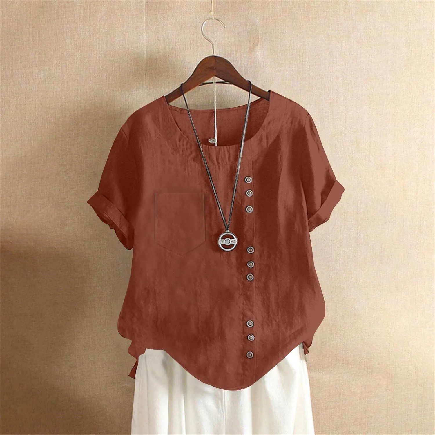 Oversized Crew Neck Linen Tops for Women Short Sleeve Cotton Linen Tee Shirts Workout Buttons Tshirt with Pocket
