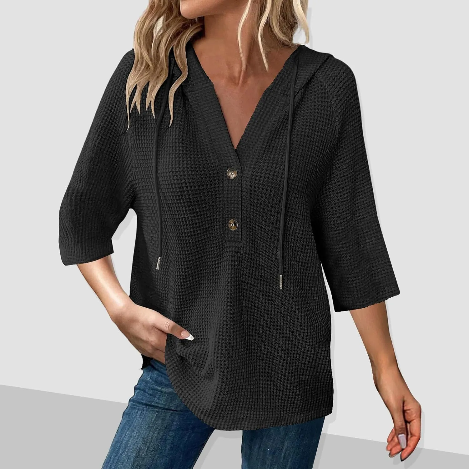 Oversized T Shirts for Women 3/4 Sleeve Waffle Button Down Tops Drawstring Hooded Henley V Neck Tshirts Cute Hoodies