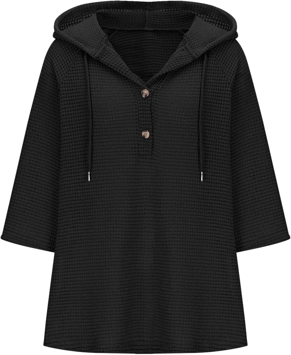 Oversized T Shirts for Women 3/4 Sleeve Waffle Button Down Tops Drawstring Hooded Henley V Neck Tshirts Cute Hoodies