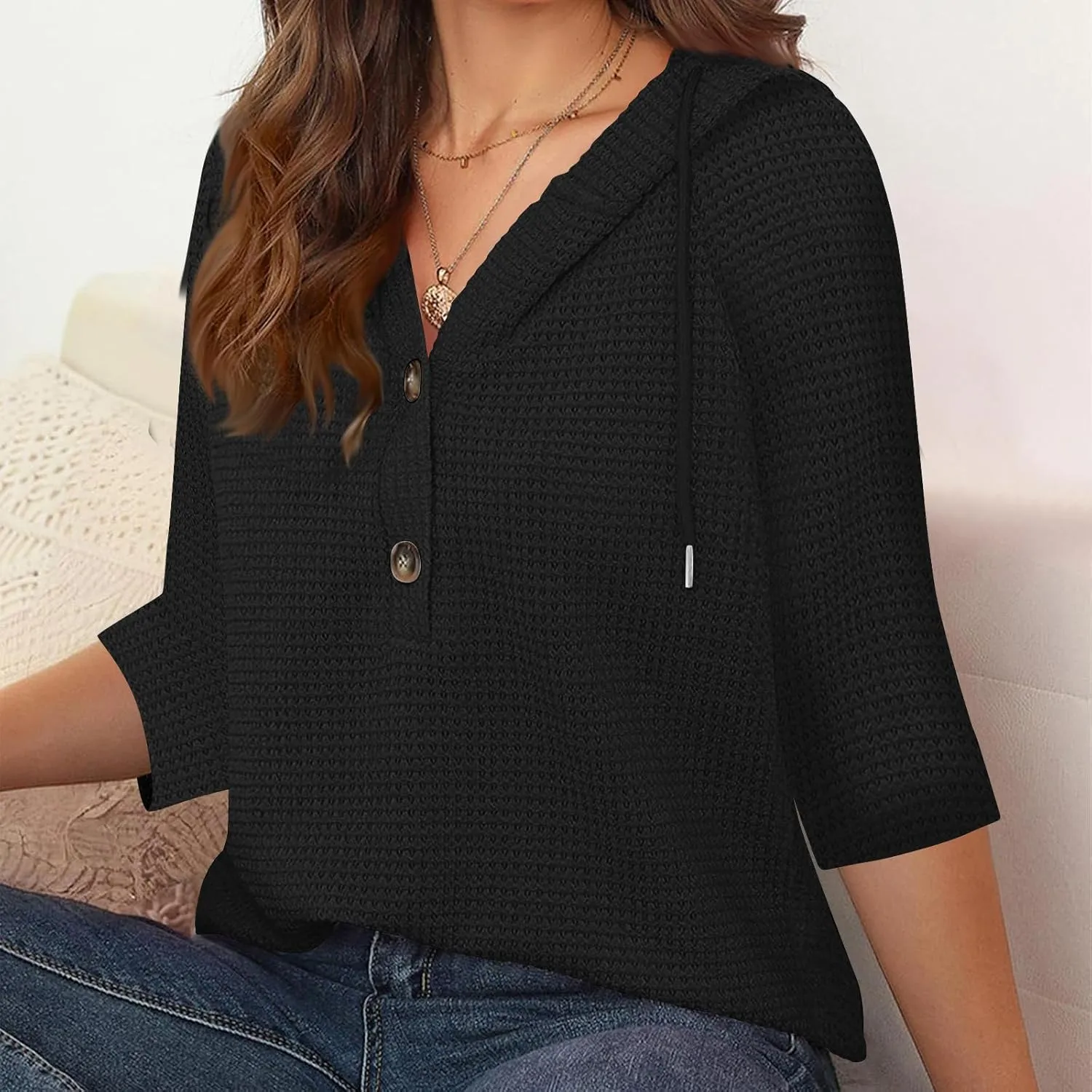 Oversized T Shirts for Women 3/4 Sleeve Waffle Button Down Tops Drawstring Hooded Henley V Neck Tshirts Cute Hoodies