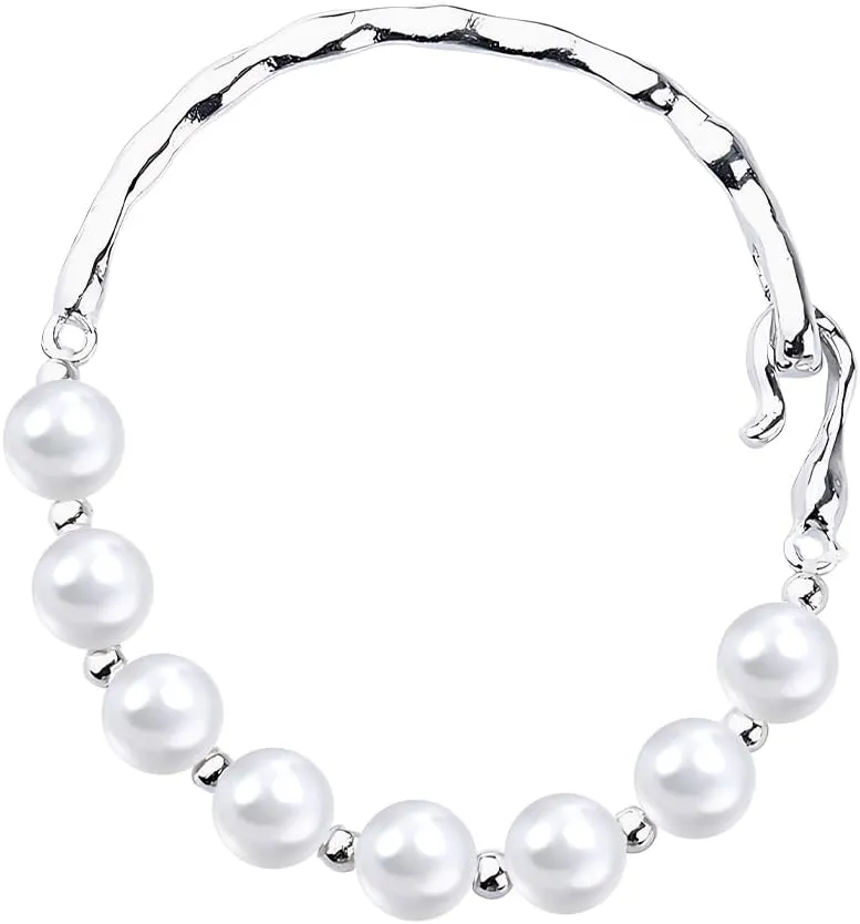 Pearl Bangle Bracelets for Women Silver Pearl Beaded Bracelet French Cuff Bracelet Faux Pearl Bangles for Women Lady Bride Accessories Metal Silver Thin Cuff Bangle Bracelet