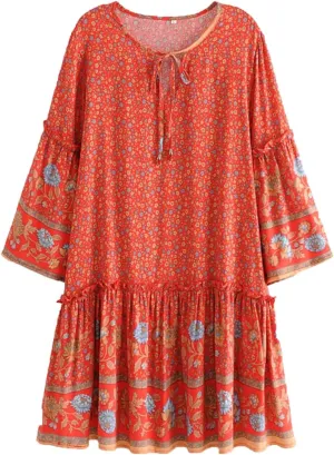 Pegsmio Women Tie Neck Ruffles Floral Print Beach Bohemian Mini Dress Summer Cotton Dresses Vestidos Cover-Ups