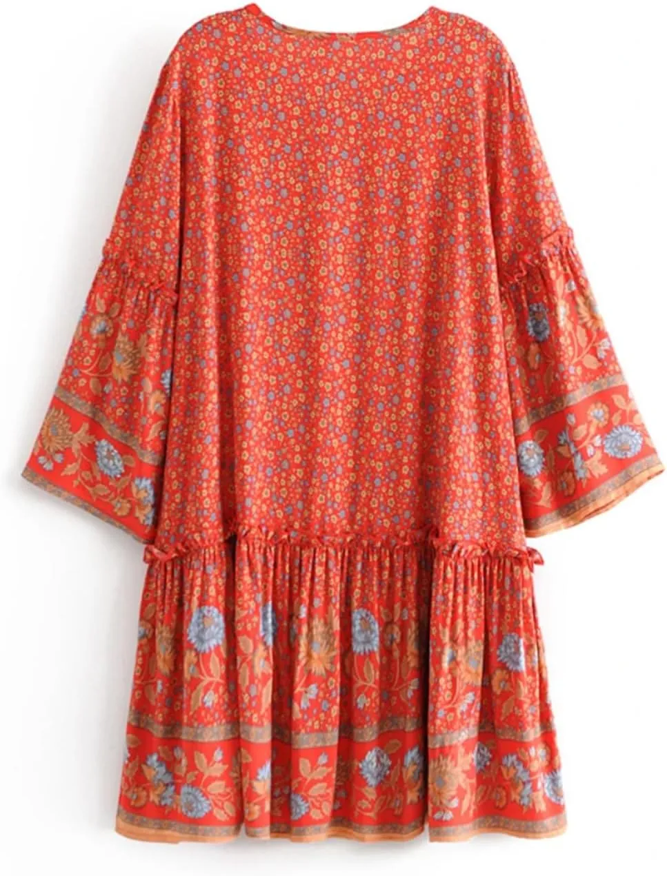 Pegsmio Women Tie Neck Ruffles Floral Print Beach Bohemian Mini Dress Summer Cotton Dresses Vestidos Cover-Ups