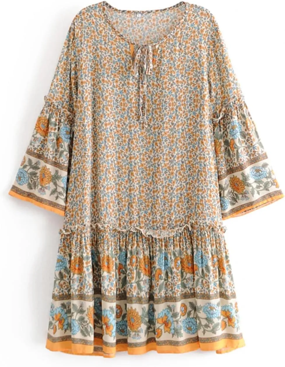 Pegsmio Women Tie Neck Ruffles Floral Print Beach Bohemian Mini Dress Summer Cotton Dresses Vestidos Cover-Ups
