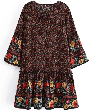 Pegsmio Women Tie Neck Ruffles Floral Print Beach Bohemian Mini Dress Summer Cotton Dresses Vestidos Cover-Ups