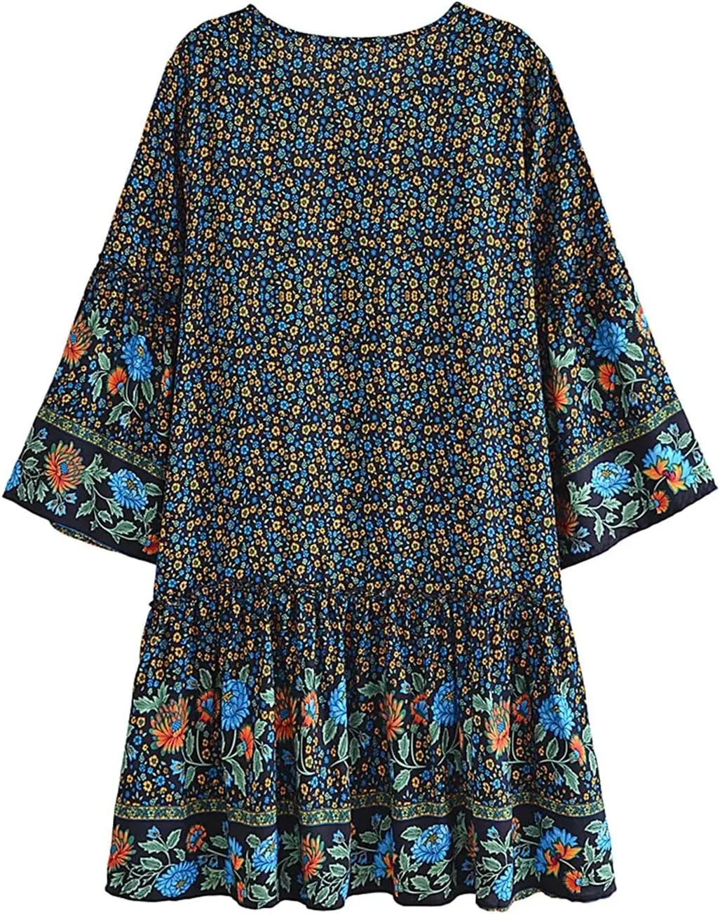 Pegsmio Women Tie Neck Ruffles Floral Print Beach Bohemian Mini Dress Summer Cotton Dresses Vestidos Cover-Ups