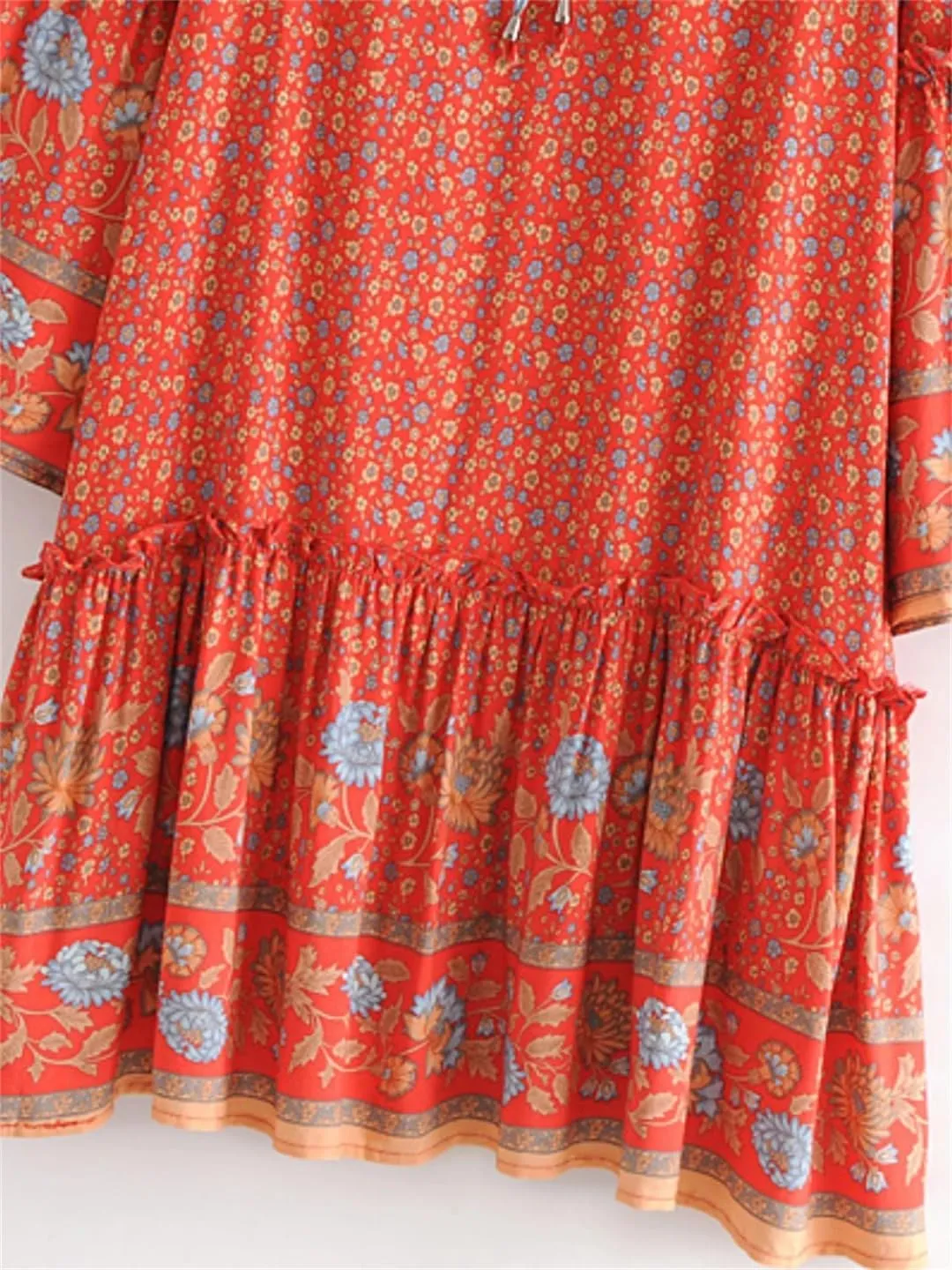 Pegsmio Women Tie Neck Ruffles Floral Print Beach Bohemian Mini Dress Summer Cotton Dresses Vestidos Cover-Ups
