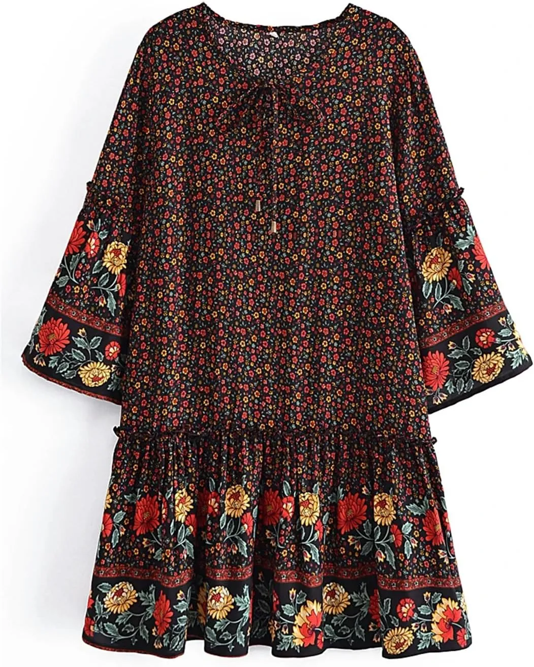 Pegsmio Women Tie Neck Ruffles Floral Print Beach Bohemian Mini Dress Summer Cotton Dresses Vestidos Cover-Ups