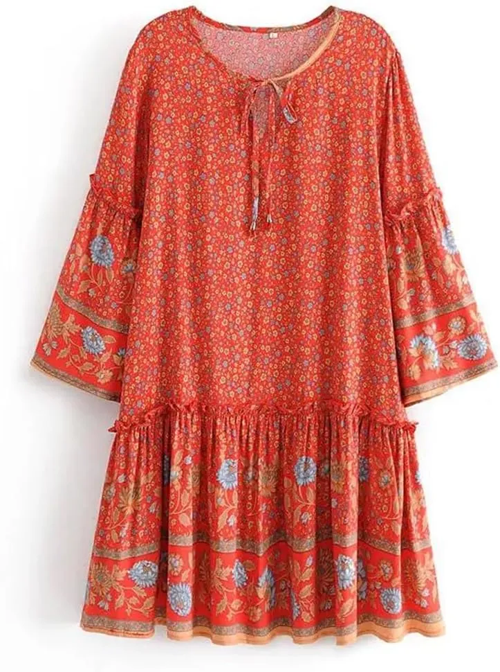 Pegsmio Women Tie Neck Ruffles Floral Print Beach Bohemian Mini Dress Summer Cotton Dresses Vestidos Cover-Ups
