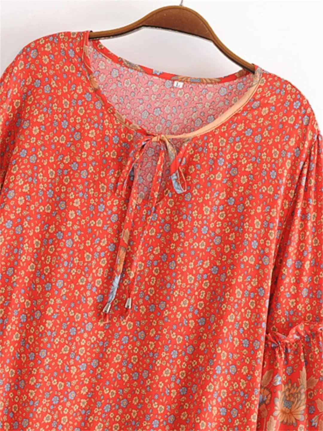 Pegsmio Women Tie Neck Ruffles Floral Print Beach Bohemian Mini Dress Summer Cotton Dresses Vestidos Cover-Ups