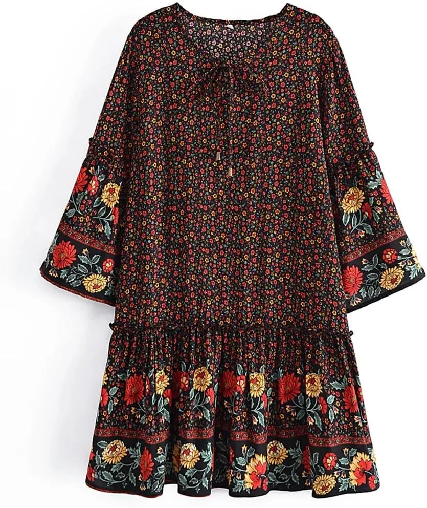 Pegsmio Women Tie Neck Ruffles Floral Print Beach Bohemian Mini Dress Summer Cotton Dresses Vestidos Cover-Ups