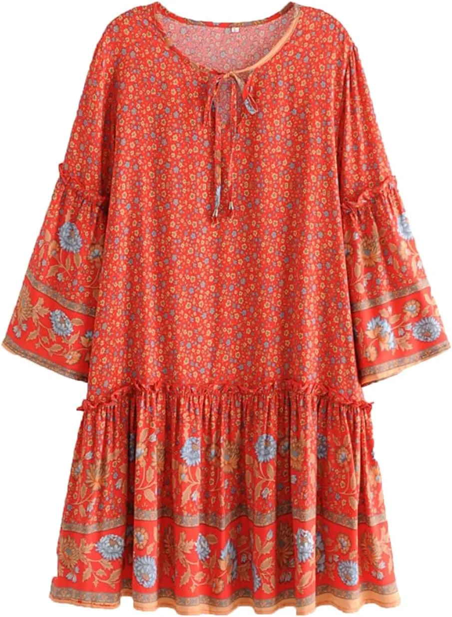 Pegsmio Women Tie Neck Ruffles Floral Print Beach Bohemian Mini Dress Summer Cotton Dresses Vestidos Cover-Ups