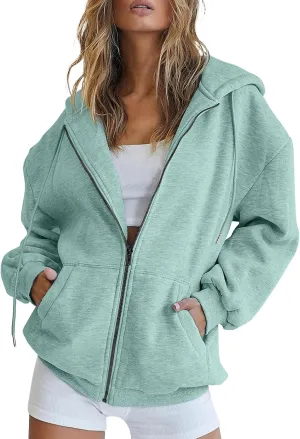 PETYCZEN Zip Up Hoodies for Women Casual Long Sleeve Oversized Sweatshirt Drawstring Cute Teen Girls Jackets Fall Y2K Clothes