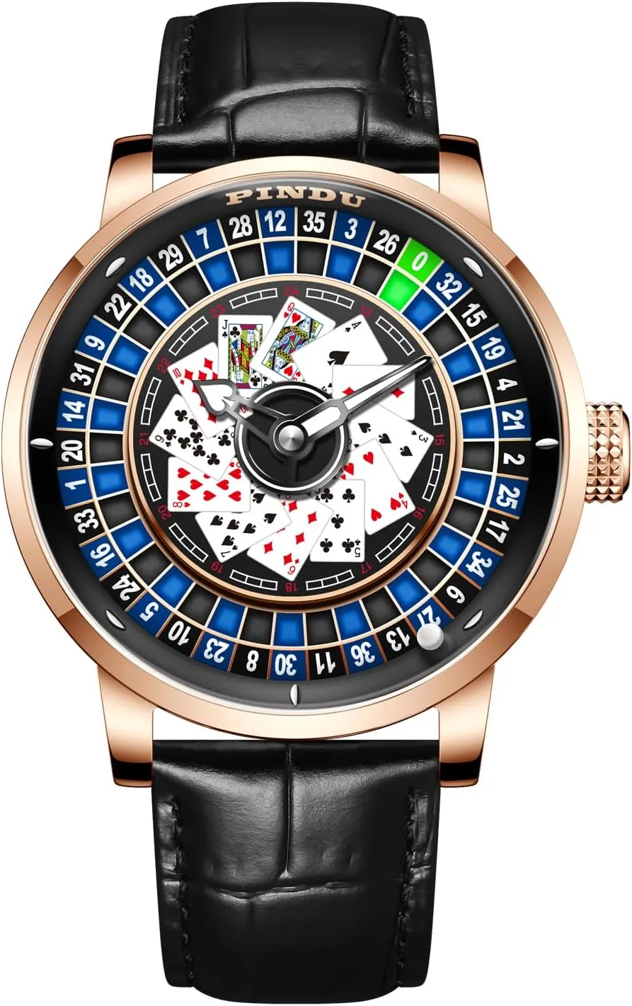 PINDU Roulette Wheel Automatic Watches for Men, Playing Card Dial, NH35A Movement Design Auto-Rotate 50M Waterproof Mens Unique American Style Roulette, Cards Games, Mechanical Watch for Game Night