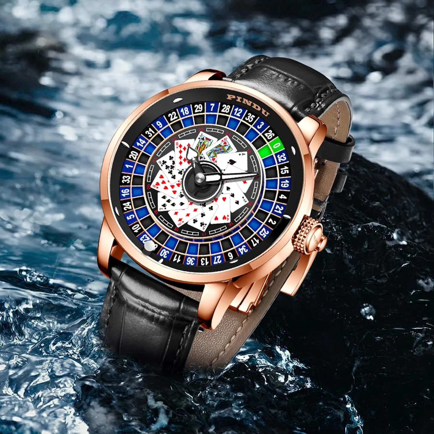 PINDU Roulette Wheel Automatic Watches for Men, Playing Card Dial, NH35A Movement Design Auto-Rotate 50M Waterproof Mens Unique American Style Roulette, Cards Games, Mechanical Watch for Game Night
