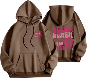 Pink Palm Puff Hoodie for Women Graphic Letter Print Hoodies Oversize Lightweight Pullover Y2k Drawstring Sweatshirt