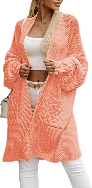 Pink Queen Oversized Long Cardigan for Women Trendy Fall Casual Open Front Long Sleeve Cable Chunky Sweater Coat Outerwear