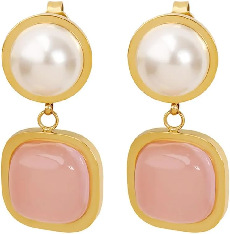 Pink Square Stone Dangle Drop Earrings for Women Elegant Pearl Stud Earrings Minimalist Dainty Geometric Studs Ear for Prom Wedding Party Jewelry