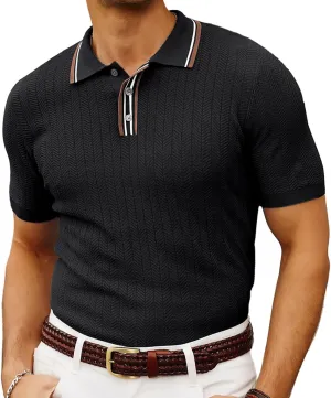 PJ PAUL JONES Mens Knitted Polo Shirts Short Sleeve Textured Pullover Golf Polo T Shirts