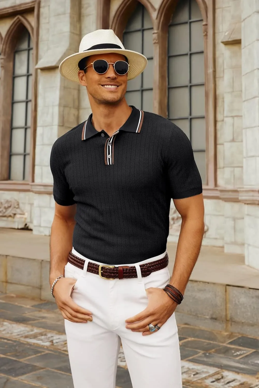 PJ PAUL JONES Mens Knitted Polo Shirts Short Sleeve Textured Pullover Golf Polo T Shirts