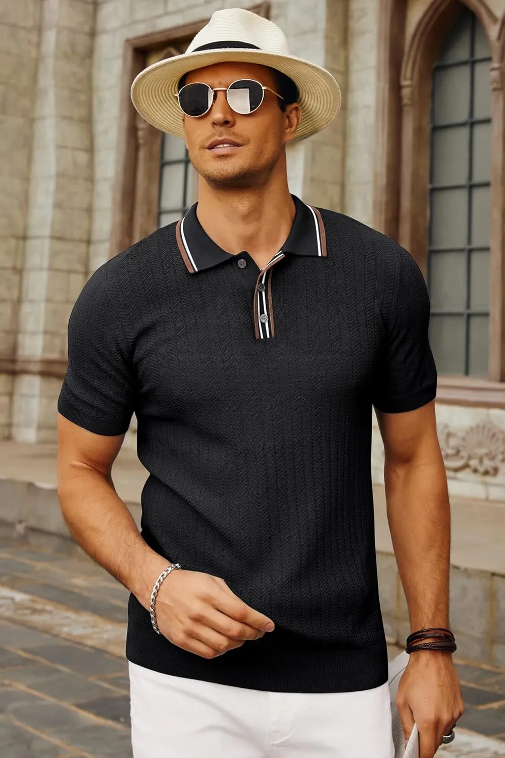 PJ PAUL JONES Mens Knitted Polo Shirts Short Sleeve Textured Pullover Golf Polo T Shirts