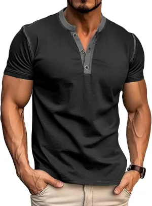 PLEPAN Mens Henley Shirts Crewneck Short Sleeve Casual Cotton T-Shirts with Contrast Color Collar