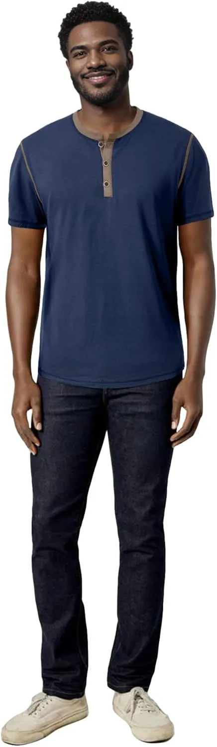 PLEPAN Mens Henley Shirts Crewneck Short Sleeve Casual Cotton T-Shirts with Contrast Color Collar