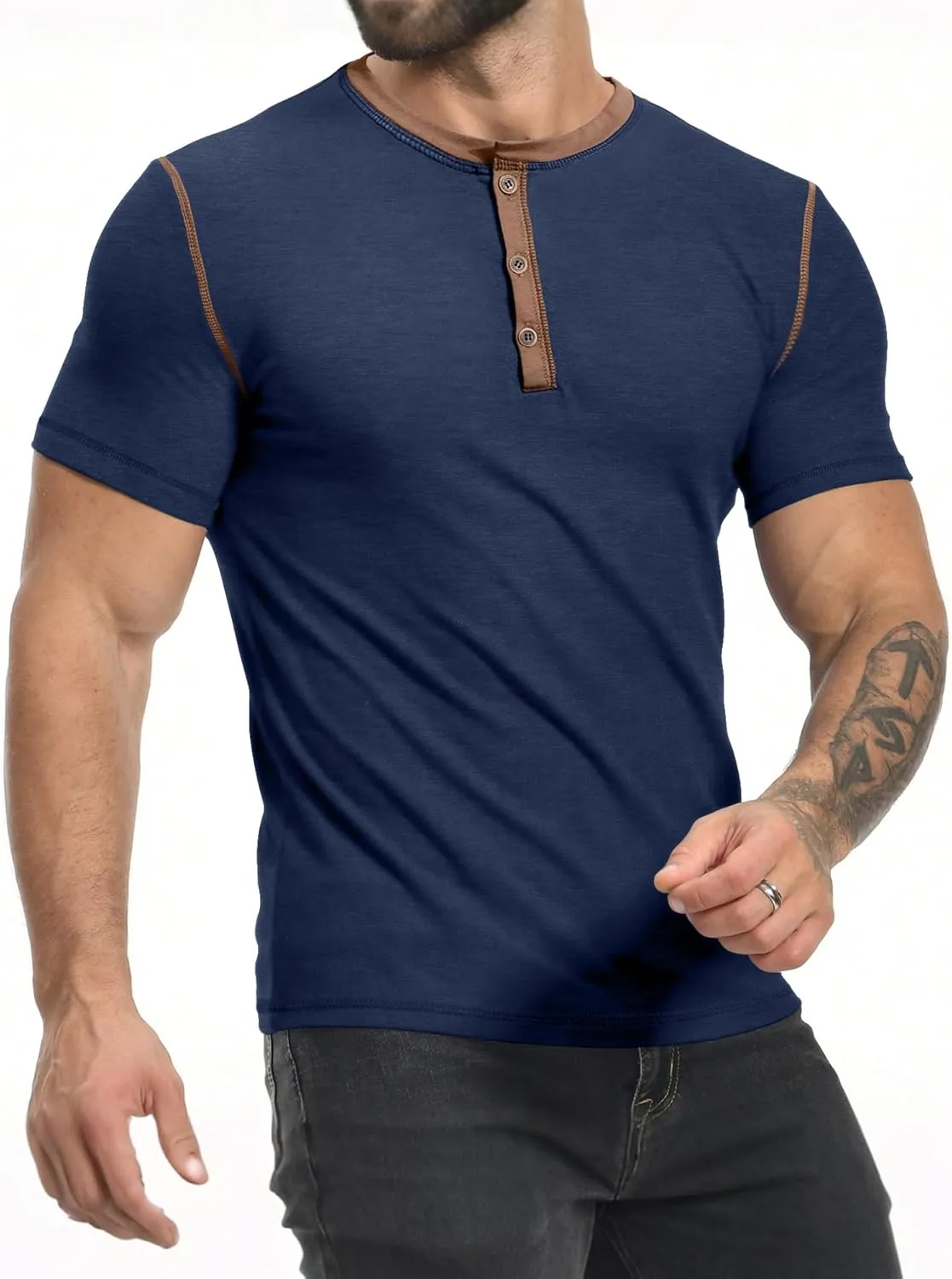 PLEPAN Mens Henley Shirts Crewneck Short Sleeve Casual Cotton T-Shirts with Contrast Color Collar