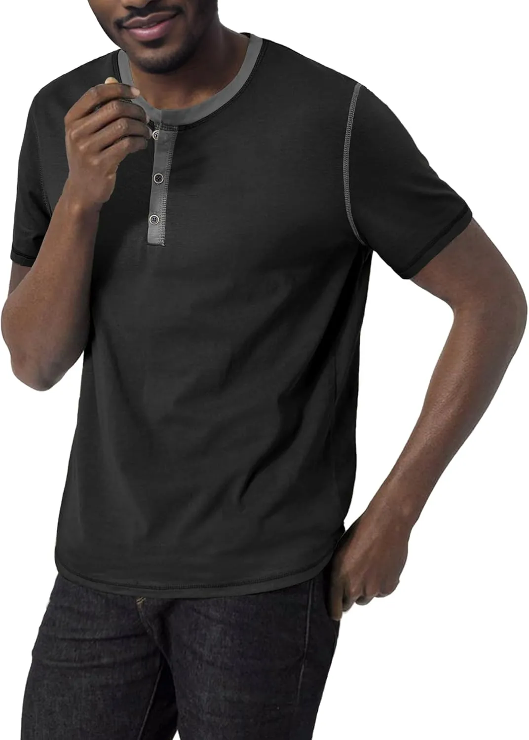 PLEPAN Mens Henley Shirts Crewneck Short Sleeve Casual Cotton T-Shirts with Contrast Color Collar