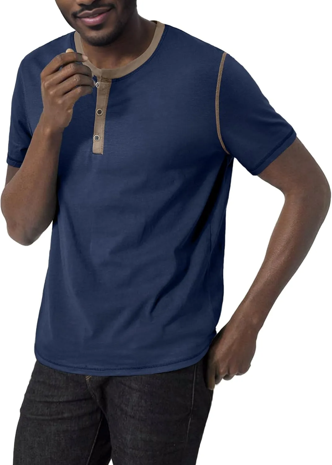 PLEPAN Mens Henley Shirts Crewneck Short Sleeve Casual Cotton T-Shirts with Contrast Color Collar