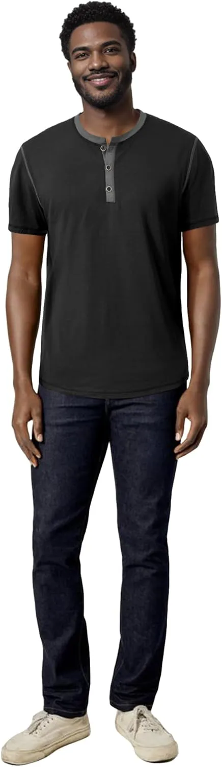 PLEPAN Mens Henley Shirts Crewneck Short Sleeve Casual Cotton T-Shirts with Contrast Color Collar