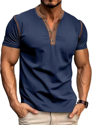 PLEPAN Mens Henley Shirts Crewneck Short Sleeve Casual Cotton T-Shirts with Contrast Color Collar