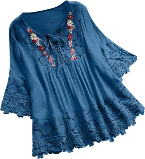 Plus Size Cotton Linen Tops Women Floral Decor Lace Shirts Cute Boho Tunic Tops Half Sleeve Tees Holiday Pullovers