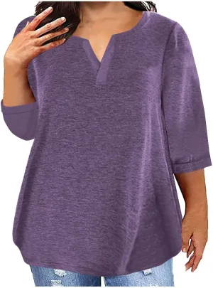 Plus Size T Shirts for Women Loose Fit 3/4 Length Sleeve Tops Oversized Cute Tees Summer V Neck Blouses