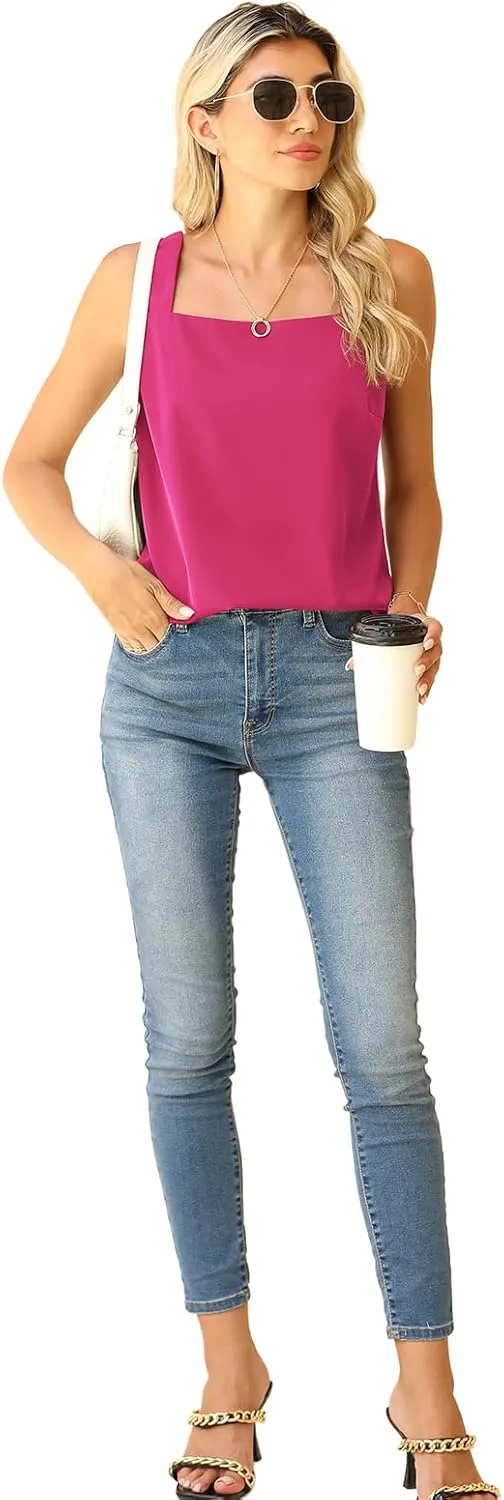 QUEZHU Blouse Tank Tops for Women Casual Summer Square Neck Chiffon Blouse Loose Flowy Sleeveless Tunic Shirts
