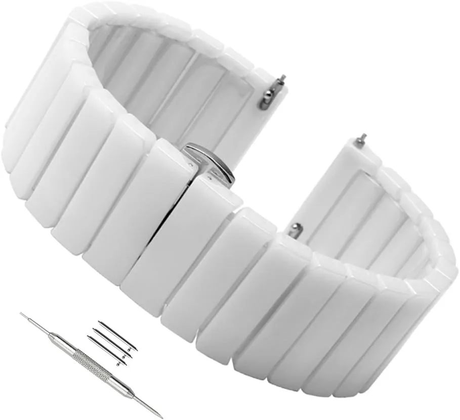 Quick Release Ceramic Watch Band 20mm 22mm Watch Strap Butterfly Buckle Wristbands for Women Men Black White