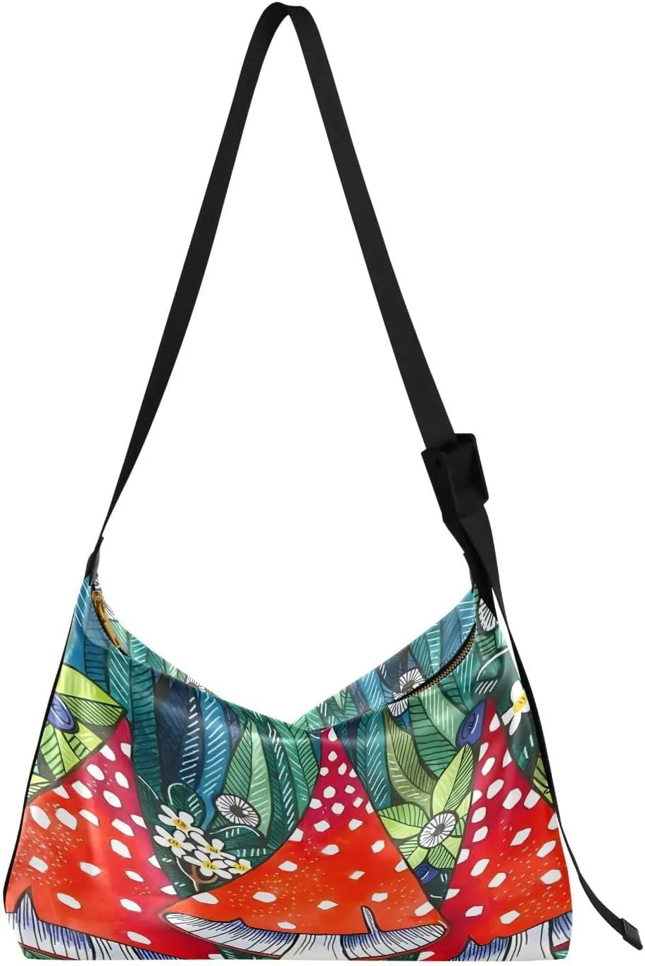 Red Mushroom Art Hobo Crossbody Bags for Women Leather Large Shoulder Bag Cross Body Fall Forest Trendy Womens Tote Bags Handbag for Travel Shopping