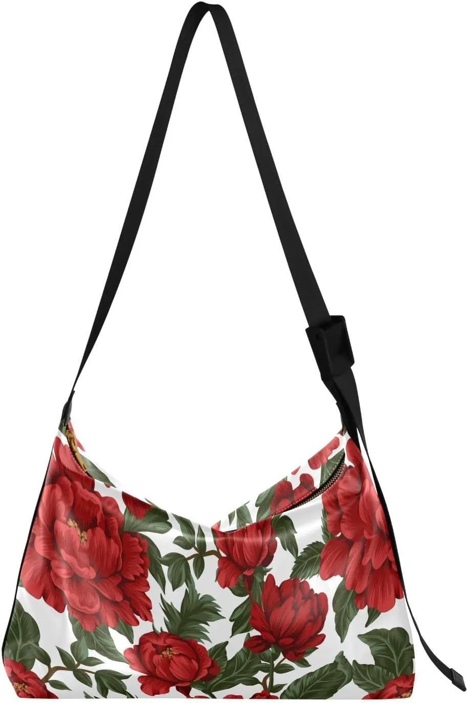 Red Peonies Hobo Crossbody Bags for Women Leather Large Shoulder Bag Cross Body Floral Trendy Womens Tote Bags Handbag for Travel Shopping