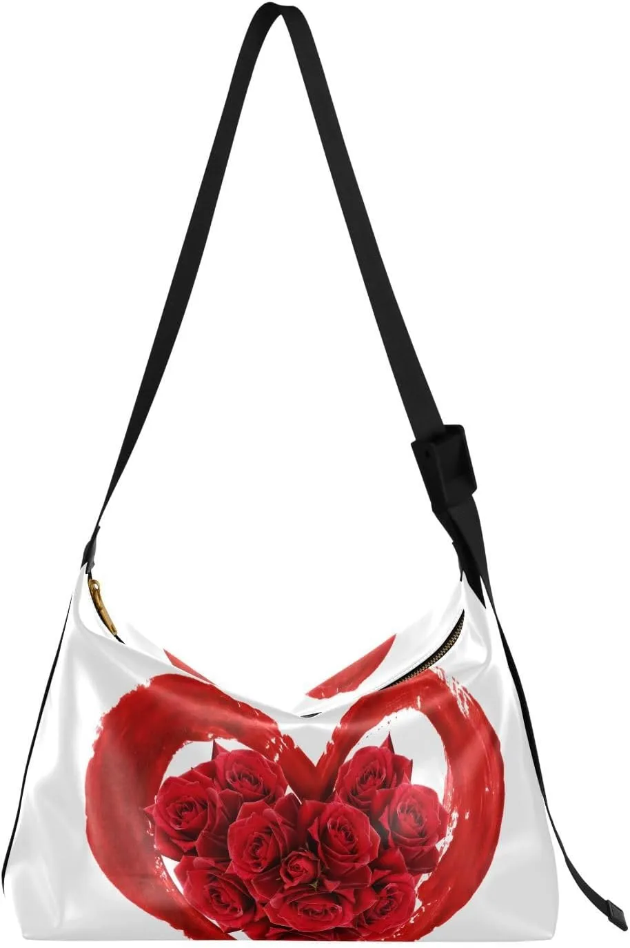 Red Rose Flowers Hobo Crossbody Bags for Women Leather Large Shoulder Bag Cross Body Heart Shape Brustrokes Trendy Womens Tote Bags Handbag for Travel Shopping