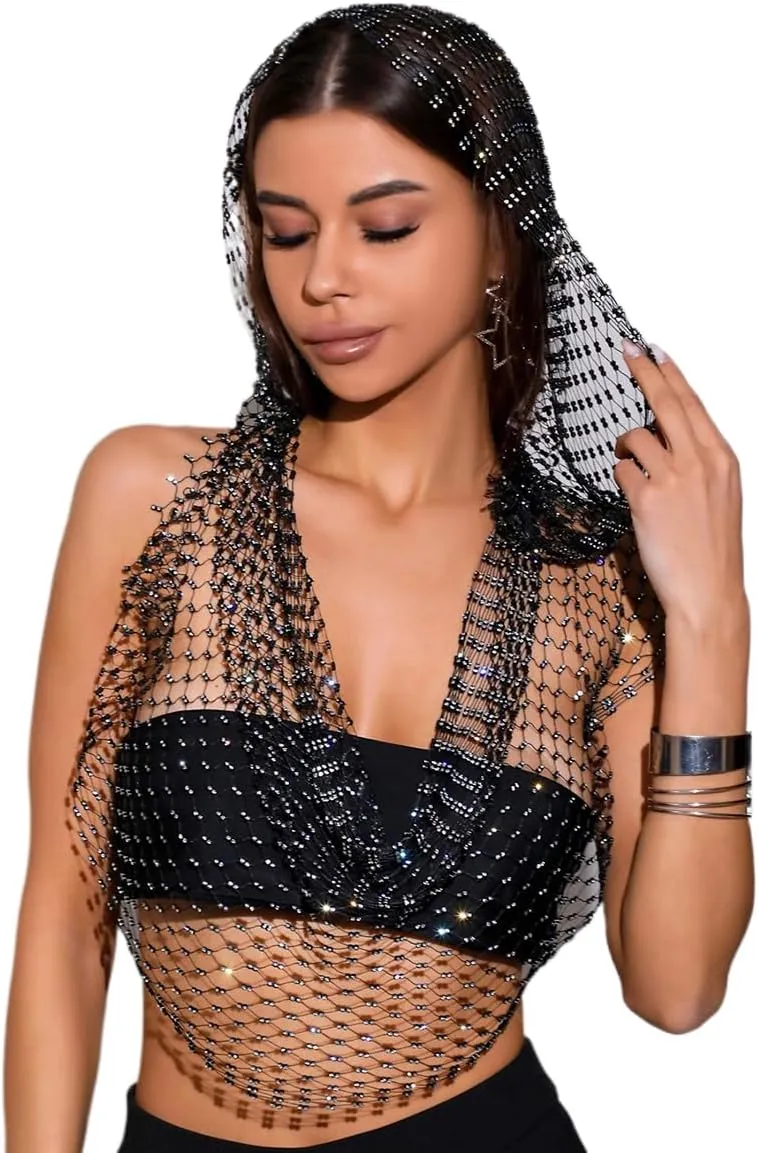 Rhinestone Mesh Tops for Women, Sexy Hood Shirt Hollow Out Tops Party Clubwear Bikini Crop Top