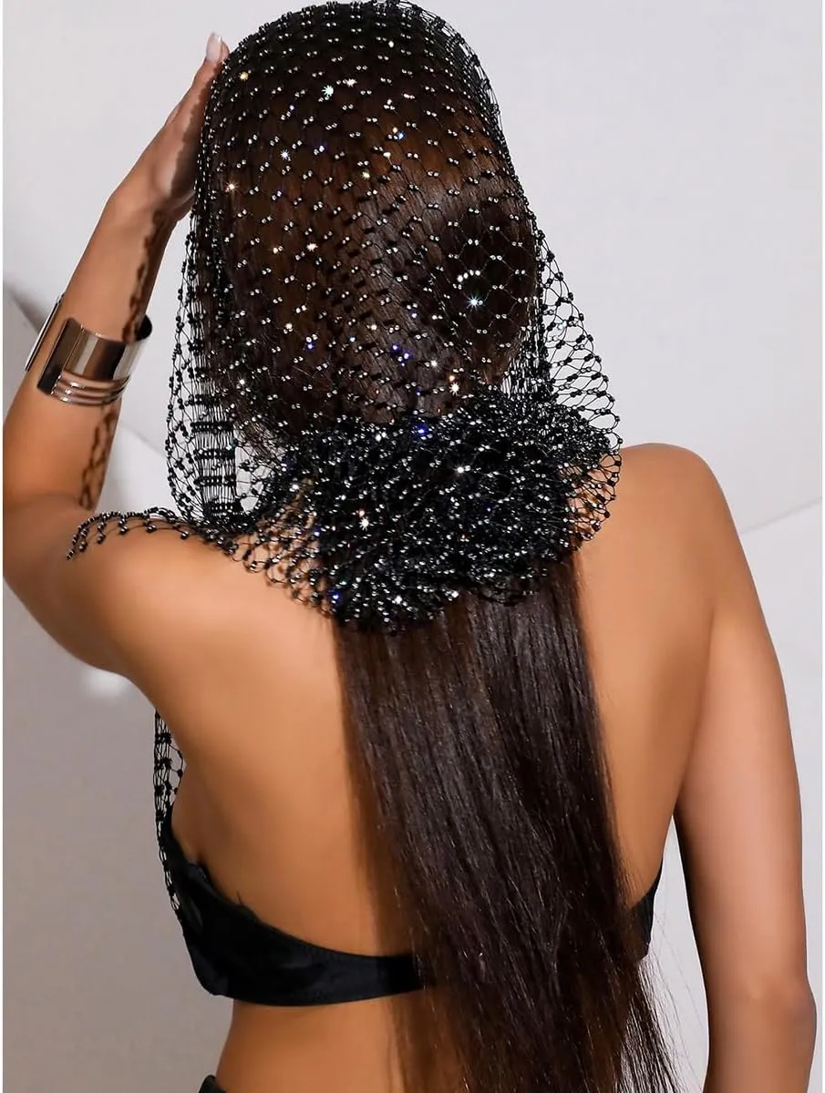 Rhinestone Mesh Tops for Women, Sexy Hood Shirt Hollow Out Tops Party Clubwear Bikini Crop Top