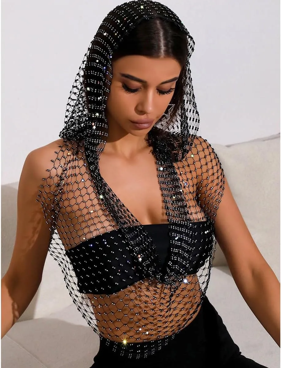 Rhinestone Mesh Tops for Women, Sexy Hood Shirt Hollow Out Tops Party Clubwear Bikini Crop Top